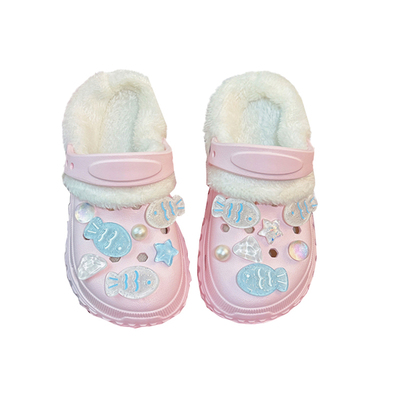 女童新款软底防滑粉色加绒洞洞鞋