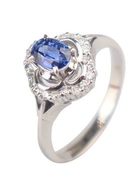 中古95新日本进口商品椭圆形切工蓝宝石钻石戒指铂金90054号