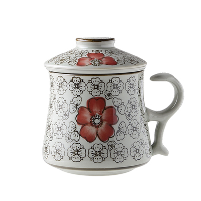 釉下彩日式茶水分离陶瓷内胆杯子过滤茶具茶隔杯带盖茶杯套装水杯