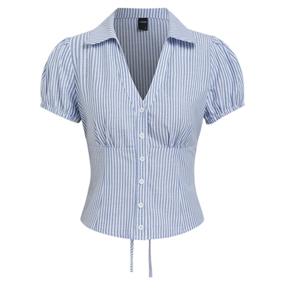 CIDER显瘦V领条纹后扣掐腰小蛮腰衬衫上衣小衫114520168