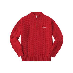 WHOOSIS（不知其名）立领绞花半拉链毛衣新年红色冬季保暖潮男女