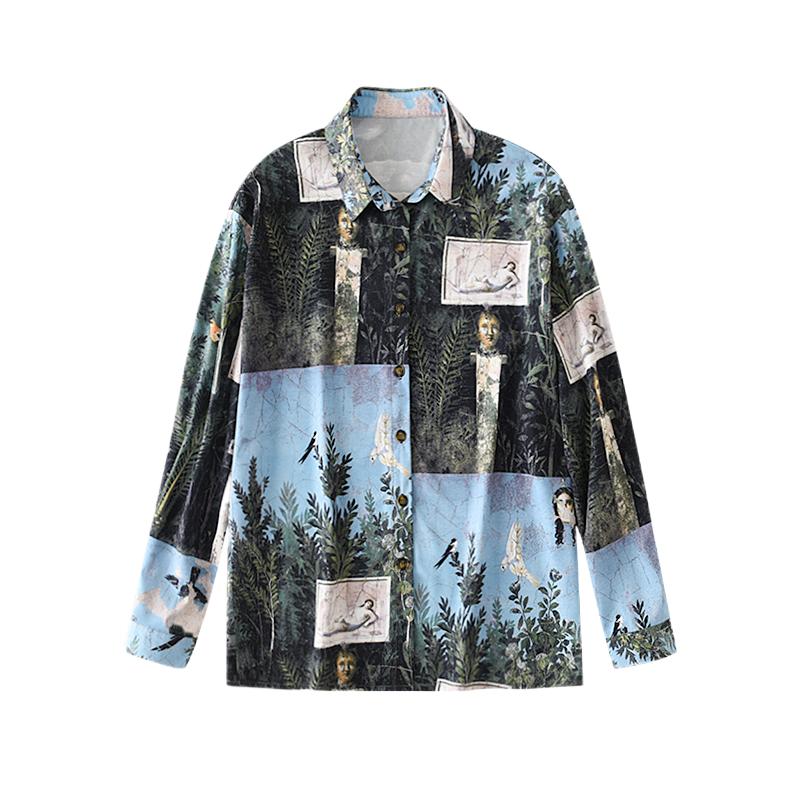 谭烟米 自制艺术生坎普风格 春秋长袖中性港风宽松印花衬衫上衣