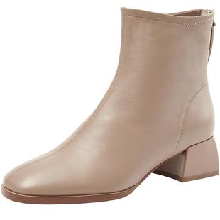 商场同款百田森冬新款加羽绒方头时装小跟短靴女真羊皮粗跟保暖