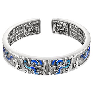 银千造 饕餮 实心手工珐琅银手镯浮雕手环足银999男女款国风银镯