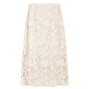 Goodland美地2024春款优雅米白色镂空蕾丝半裙重工花边开衩半身裙