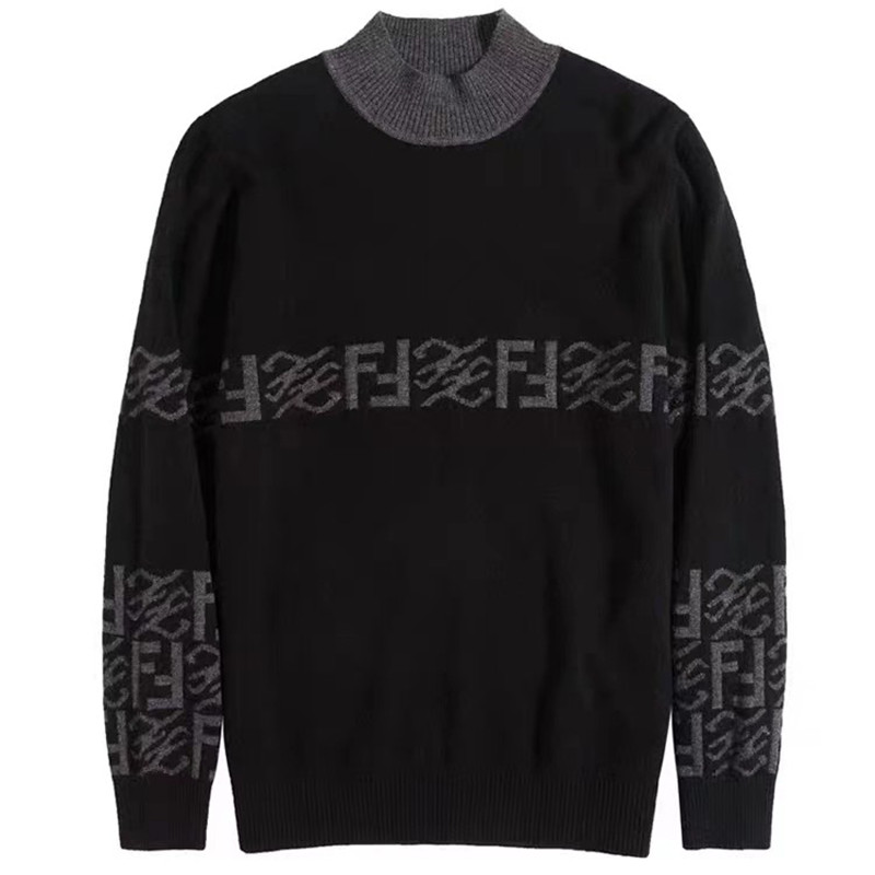 现货明星同款张若昀双f字母提花纯100%羊绒针织毛衣商务休闲羊毛