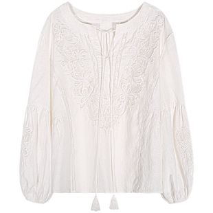 落落狷介亚麻上衣女2025年新款宽松白色刺绣镂空衬衫长袖开春小众