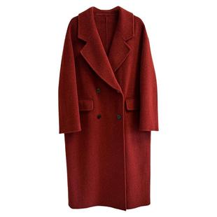 2025年新红色双排扣中长款双面羊毛大衣女士西装领韩版高级感高端