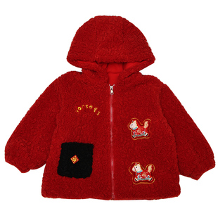 女童羊羔绒加绒外套红色小女孩加厚拉链衫冬装女宝宝毛毛衣新年马