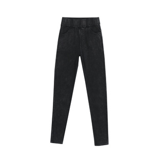 高腰软牛仔裤女小个子八分秋冬显瘦铅笔裤加绒黑灰色弹力小脚裤子