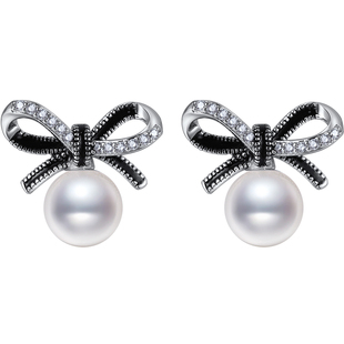 海蒂珠宝 茱莉 蝴蝶结6-7mm强光淡水珍珠耳钉精致百搭款 S925银