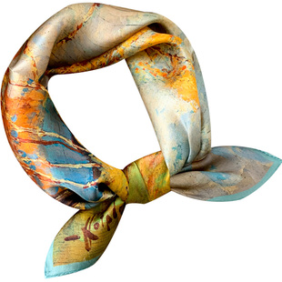 小方巾女春秋季百搭经典油画薄款真丝丝巾桑蚕丝装饰围巾网红领巾