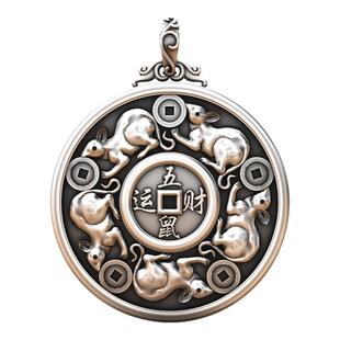 五鼠运米999纯银圆款吊坠平安挂件生肖银饰品项链男