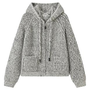 华吉言【芝麻酥】马海毛羊毛双纱混纺粗针织连帽开衫外套