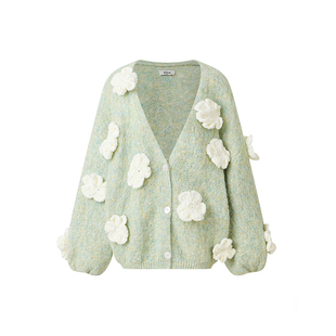 SleepOverSleep法式副牌WITH:ER浅绿钩花廓形灯笼袖毛织开衫外套