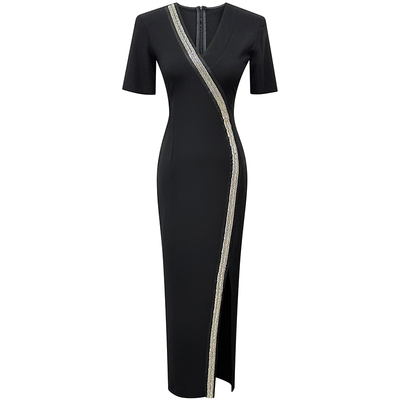 V领开叉中长裙法式气质轻奢