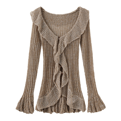 CUBIC重工蕾丝荷叶边下摆针织衫