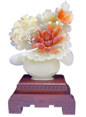 天然玉石富贵如意牡丹花摆件