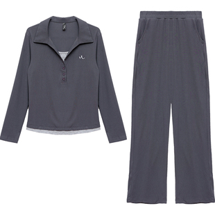 时尚POLO领长袖小衫休闲两件套裤女2026春款修身显瘦直筒裤套装潮