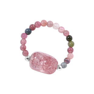 s925纯银天然石水晶碧玺和田玉戒指女小众设计貔貅石榴石弹力绳潮