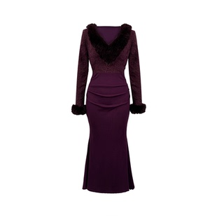 B-babes【暗调葡酒】微胖mm轻熟风蕾丝拼接毛领连衣裙女包臀长裙