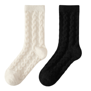 毛绒袜子女秋冬季可爱麻花中筒袜保暖加厚毛茸女士月子睡眠地板袜