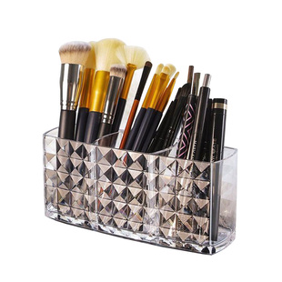 银眸加厚透明三格化妆品收纳盒钻石纹化妆笔眉笔收纳盒桌面笔筒盒