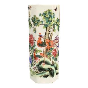 仿古玩大清光绪年制粉彩花鸟图纹六角笔筒仿古玩瓷器笔筒摆件收藏
