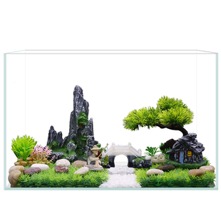 鱼缸造景装饰仿真水草假山套餐水族箱摆件桌面金鱼缸石子渔翁桥