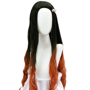 秀琴家 鬼灭之刃灶门祢豆子cos假发 自然黑渐变棕黄色卷发cos假毛