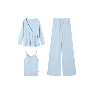 从轻秋冬家居服原创高级感糯糯开衫三件套抗静电自带杯垫睡衣女款