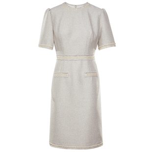 马天奴秋冬新款浅黄色金葱短袖小香风连衣裙子修身短款女时尚百搭