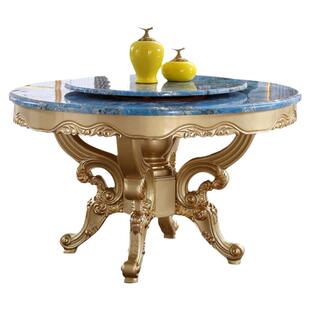 欧式餐桌椅美式大理石圆桌带转盘实木雕花豪华香槟金圆形家用饭桌