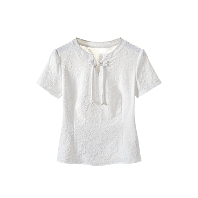 她池气质修身圆领国风短袖衬衫
