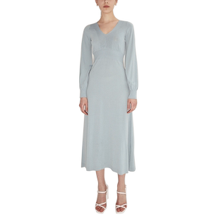 INSPIRE&STORIES春夏纯色优雅女V领长袖修身打底针织连衣裙长裙