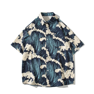 夏季浮世绘冰丝衬衫日系男短袖薄款宽松大码海滩胖子痞帅透气免烫