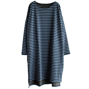 外贸日单连衣裙女秋冬新款加绒条纹长裙森系文艺宽松大码孕妇裙子