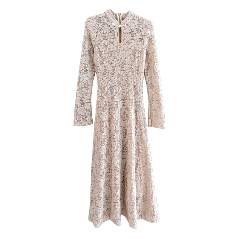 新中式立领盘扣白色连衣裙女长袖收腰内搭打底气质显瘦蕾丝冬长裙