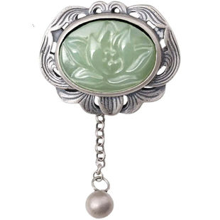 玉番莲碧玉莲花胸针泰银吊坠女流苏复古田园风和田玉别针旗袍胸饰