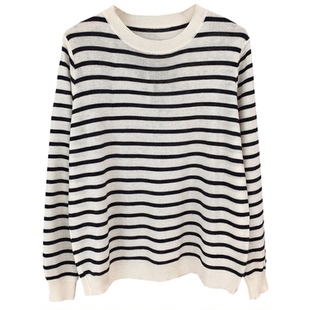 秋季新品简约基础条纹圆领长袖细羊毛针织衫亲肤宽松打底薄款毛衣