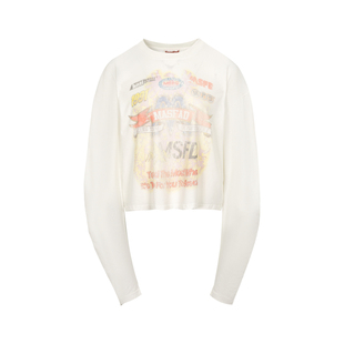 COZYDOLL美式街头复古软糯亲肤水洗弯刀袖设计感满印印花长袖T恤