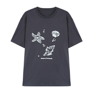 pusumede 随性自在 圆领刺绣短袖T恤女纯棉宽松慵懒正肩针织上衣