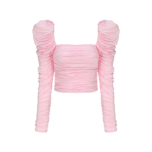 [甄选3折]NanaJacqueline黎明低语 粉色泡泡袖方领上衣女配喇叭裤