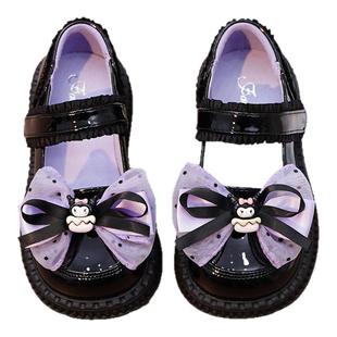 真皮女童鞋亮皮紫色蝴蝶结乐福软底方口库洛米公主浅口单鞋小皮鞋