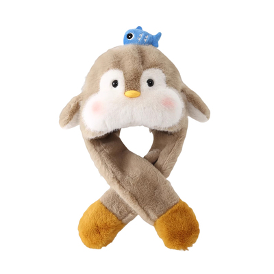 儿童帽子耳朵会动可爱企鹅毛绒围巾一体加厚保暖防寒骑车护耳帽女