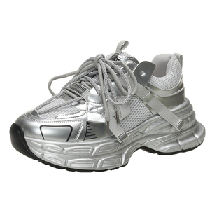 新款银色厚底老爹鞋女款2025春秋季网面透气休闲鞋加大码41 42 43