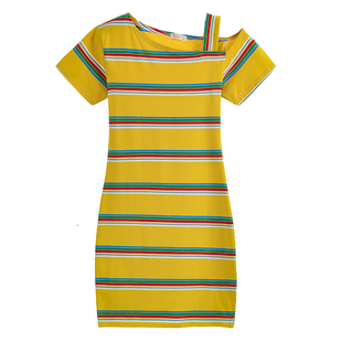 夏装新款中长连衣裙棉睡裙女斜领肩收腰显瘦性气质条纹短袖外打底