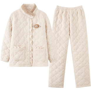 马克公主珊瑚绒夹棉睡衣女冬季可爱三层加厚高领省服可外穿家居服