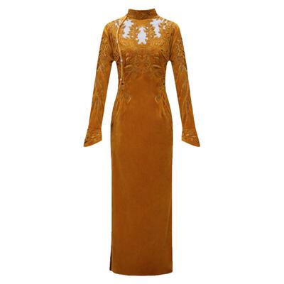 司藤姜黄色新中式金丝绒旗袍