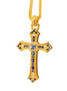 足金包银十字架项链女点钻蓝宝石
